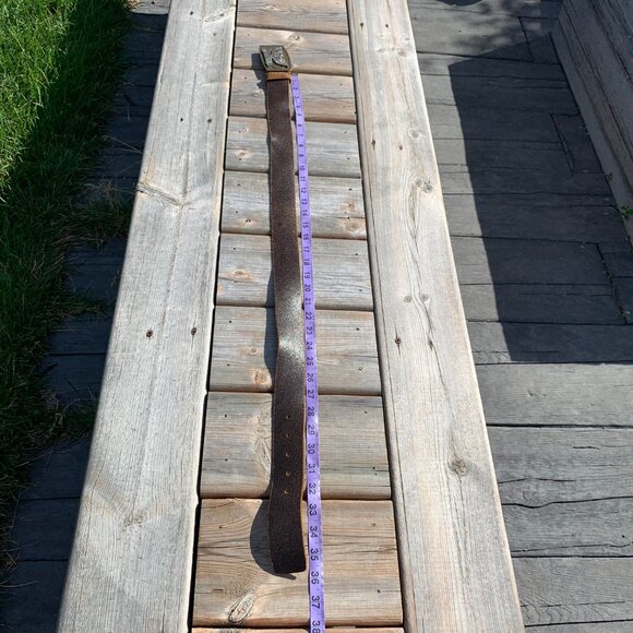 Vintage Y2K Distressed Brown Leather Brass Silver Eagle Buckle Waist Belt - Picture 11 of 16